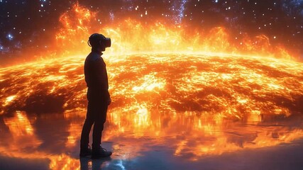 A person in virtual reality gear stands mesmerized by a glowing sun set against a starry background, exploring the wonders of the universe. - Powered by Adobe