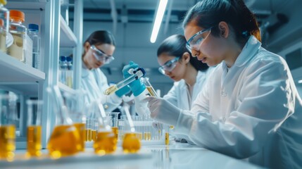 Fototapeta premium Scientists in a lab diligently conduct experiments, wearing protective gloves, focused on filling test tubes with precision and concentration.