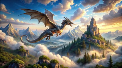 Majestic dragon soars through a mystical realm of ancient forests, snow-capped mountains, and mystical ruins, surrounded by swirling clouds of magic and wonder.