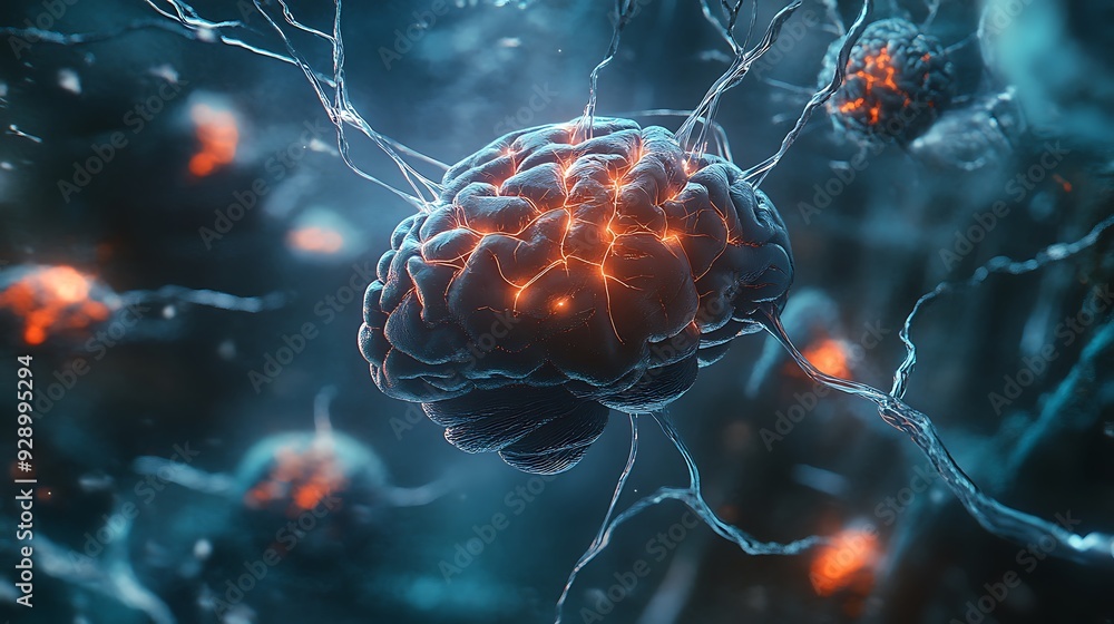 Poster 3d rendering of a brain with glowing neurons, a representation of cognitive activity.