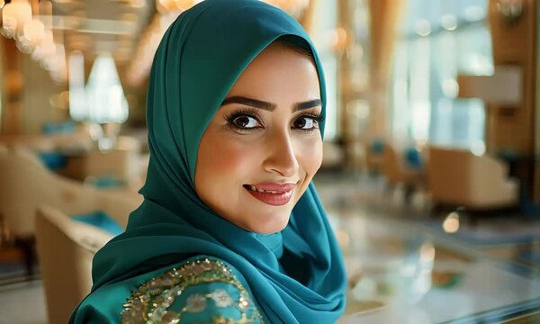 Radiant in Teal: A young Muslim woman exudes confidence and elegance in a vibrant teal hijab, her warm smile illuminating a luxurious setting.  