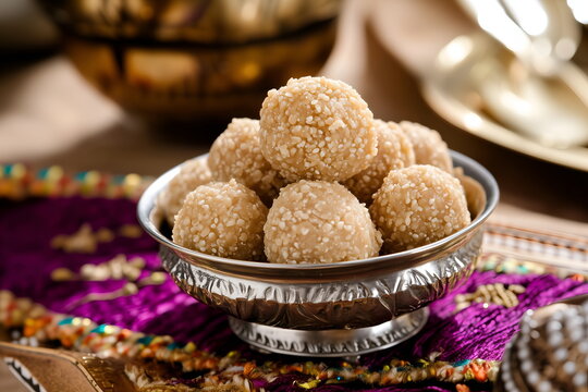 Laddu and pedha dish on the Indian table traditional food