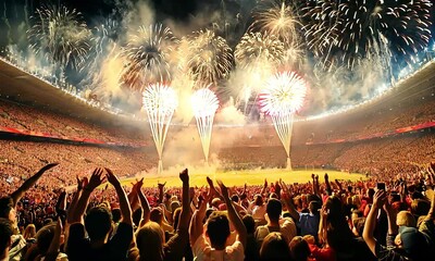 Fireworks Finale: A stadium erupts in a symphony of celebration as fireworks illuminate the night sky, capturing the electrifying energy of a grand sporting event, concert, or festival. 
