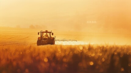 Fototapeta premium A golden-hued field, with a tractor spraying crops under the soft glow of the setting sun, creating a serene agricultural scene.