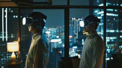 Obraz premium Two individuals engrossed in a virtual reality experience against a backdrop of the illuminated cityscape through large windows at night.