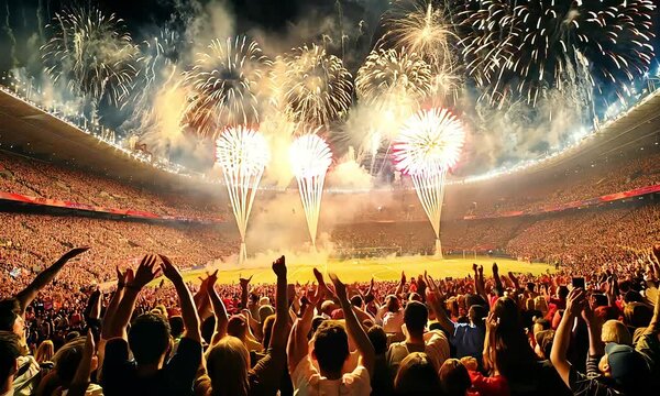 Fireworks Finale: A stadium erupts in a symphony of celebration as fireworks illuminate the night sky, capturing the electrifying energy of a grand sporting event, concert, or festival. 