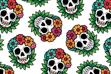 Colorful skulls with floral decorations in a seamless pattern, perfect for holiday-themed textiles and digital backgrounds. Vivid, engaging colors with a lively, festive atmosphere