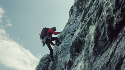 Fototapeta premium A determined climber ascends a steep, rocky surface under a cloudy sky, driven by passion and precision in the midst of nature.