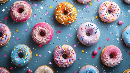 Colorful assortment of decorated donuts on a vibrant blue surface with sprinkles and confetti