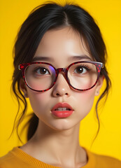 Fototapeta premium Portrait of beautiful Asian girl looks serious-minded, her calm gestures depict the smartness in her personality. Isolated on yellow background. 