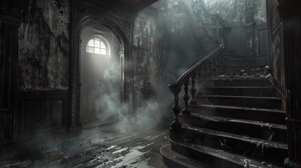 Obraz premium Abandoned staircase in a decaying mansion surrounded by mist and deteriorating walls
