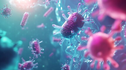 Fototapeta premium 3D rendering of viruses, close-up, with blue and pink color scheme.