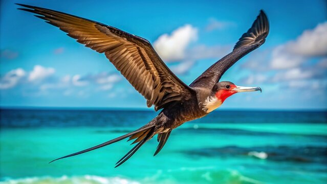 Majestic great frigatebird in mid-flight, its slender wings outstretched, soaring above the turquoise ocean waters, its feathers glistening in the warm golden sunlight.