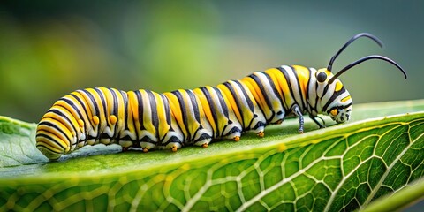Monarch caterpillar munching on a green leaf, Monarch caterpillar, eating, leaf, nature, wildlife, insect, close-up, macro