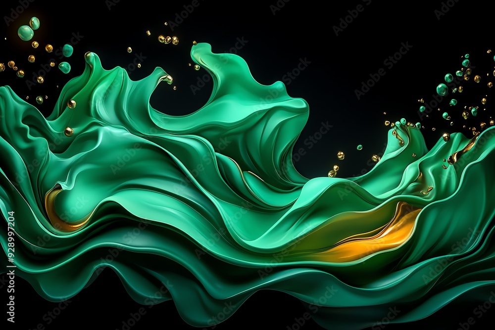 Aufkleber An abstract wave of vibrant green fluid with splashes of gold, creating a dynamic visual experience against a dark background.