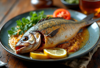 Juicy grilled fish served on a round plate, poured with flavorful gravy, decorated with lemon, coriander, and tomatoes. 