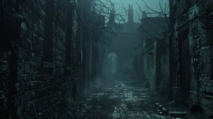 Misty alley with cobblestones in a deserted urban area at dusk