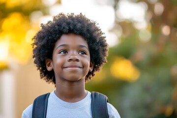 A young boy with curly hair smiles and looks up. He is wearing a light blue t-shirt and a black backpack.