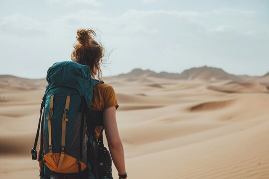 Backpacker exploring vast desert landscape and dunes.