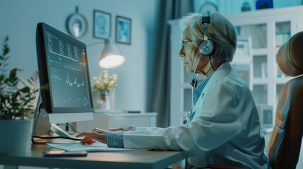 An elderly woman in a headset works at a computer, blending modern technology with wisdom and experience in a well-lit, professional setting.