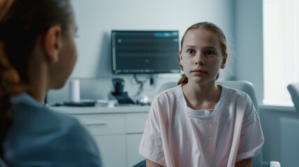 Obraz premium A girl wearing a pink hat, dressed in a doctor's coat with a stethoscope, engaged in a discussion with another person.