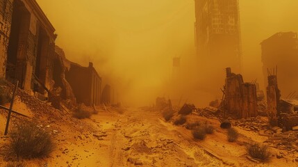 Desolate urban landscape shrouded in yellow dust under an eerie sky