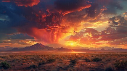 Obraz premium Dramatic sunset with storm clouds over a desert landscape at twilight