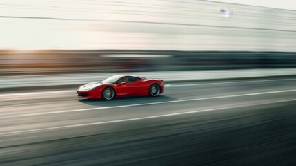 Obraz premium Detailed shot of a red sports car speeding along a highway, highlighting its sleek design and impressive velocity.