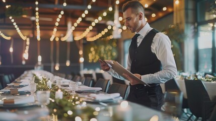 A well-dressed man attentively checks notes on a clipboard as he prepares for a grand event in a beautifully decorated venue adorned with string lights.