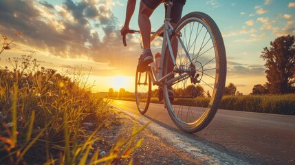 Naklejka premium Bicyclist riding along a peaceful road at sunset near a grassy field