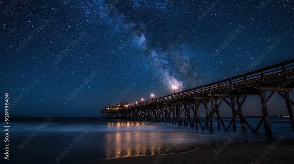 Wall mural a serene night scene of a pier under a starry sky, showcasing the milky way.