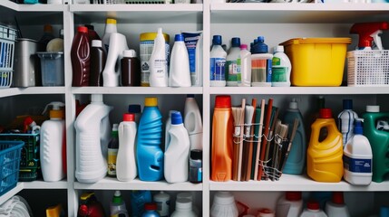 A well-stocked storage shelf brimming with various cleaning products, showcasing an organized and meticulously arranged collection of household essentials.