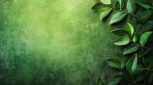 Green Spring: A vibrant, natural background featuring lush green leaves framing a textured, green backdrop, inviting you to create a design for your green project.  