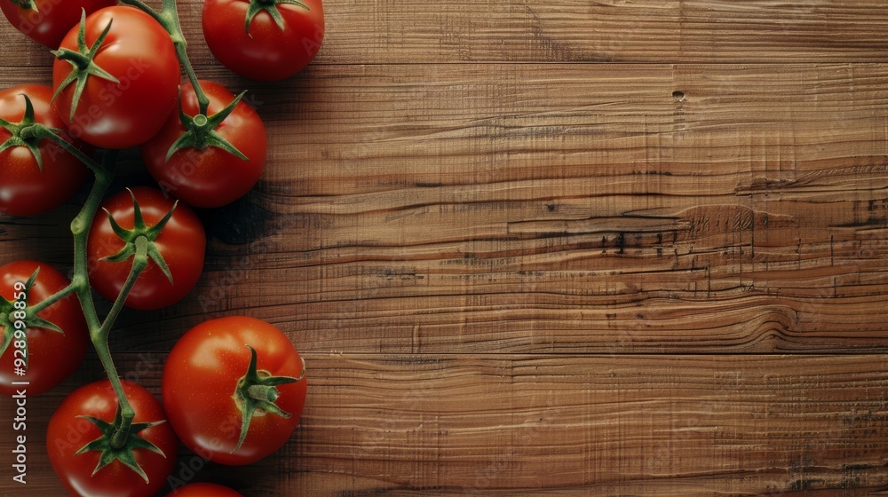 Wall mural Fresh red tomatoes on a vine, arranged on a rustic wooden surface, evoking farm-to-table freshness and natural, wholesome goodness.