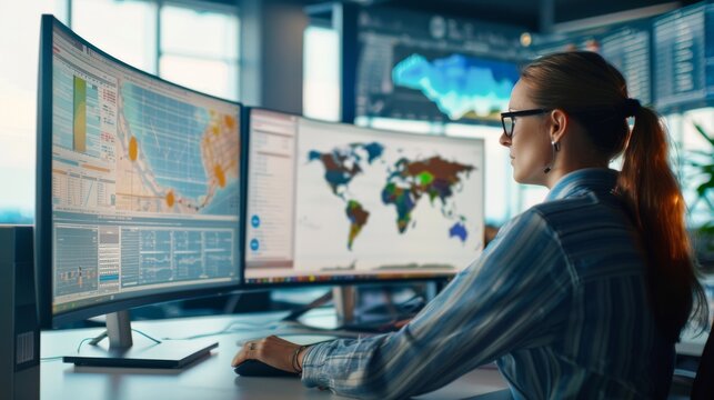 A person examines global datasets on multiple curved monitors, reflecting extensive data analysis in a modern setting.