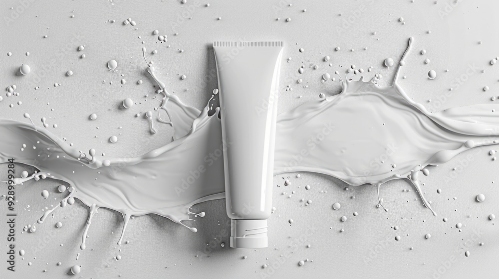 Poster creamy texture tube with white splashes on a smooth surface in a minimalist setting
