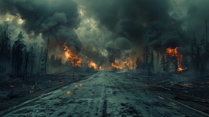 Obraz premium Intense forest fire engulfs trees along a desolate road during a dark, smoky twilight