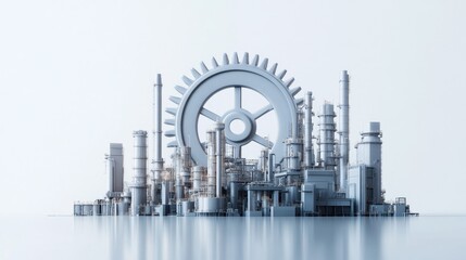 Obraz premium A 3D visual of industrial factories standing in front of a large gear wheel, symbolizing the power of manufacturing, with a clean white background