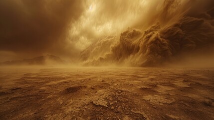 Dust storm engulfs barren landscape under an ominous sky at sunset