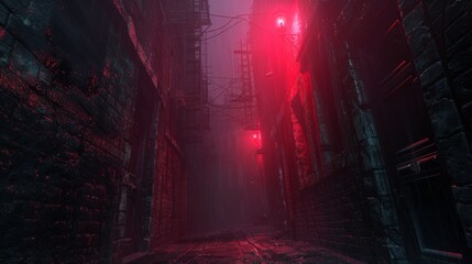 Fototapeta premium Dimly lit alley with red neon lights in a foggy urban setting at night