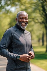 Smiling senior black man running in a park wearing sportswear and a smartwatch