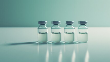 Four clear glass vials partially filled with liquid, neatly lined up on a pastel green surface, illuminated by soft natural light.