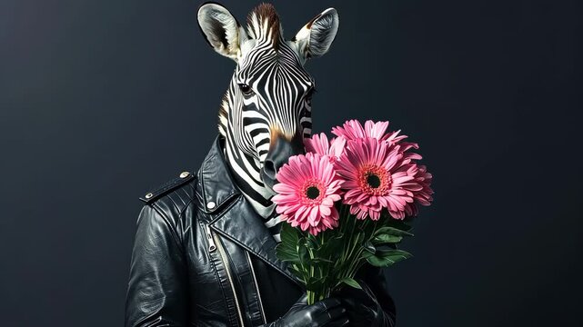 Zebra man smelling pink flowers on dark background