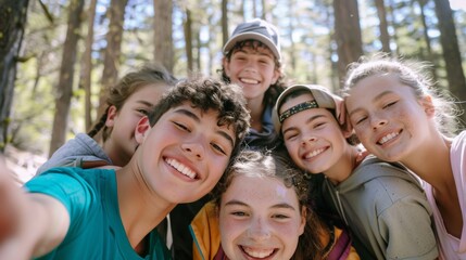 Obraz premium A group of friends huddle together, smiling joyfully in the woods, capturing a lively and carefree moment.