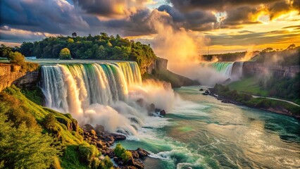 Majestic Niagara Falls thunders down a rocky cliff, surrounded by lush greenery and misty veil, creating a breathtaking natural wonder in warm golden light.