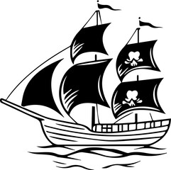 A large ship sails in the ocean with a flag on top. The ship is black and white