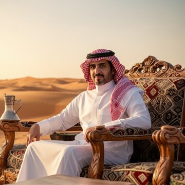 Portrait of an arab man sitting down on chair in cinematic shot, saudi man sitting