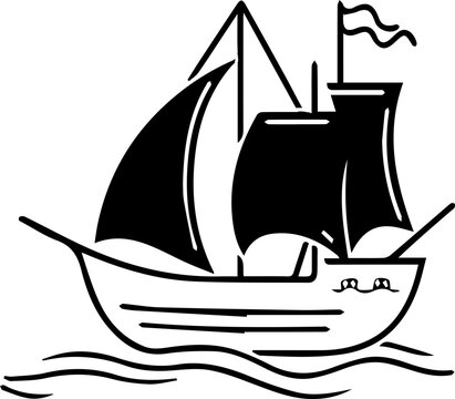 recommend clip art: A large ship sails in the ocean with a flag on top. The ship is black and white
