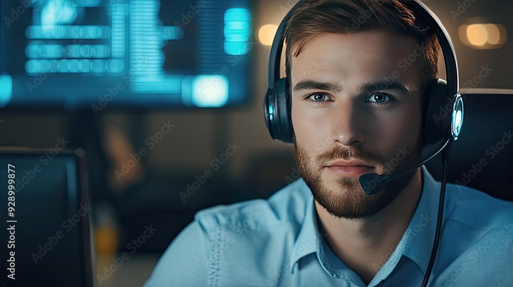 Poster a call center employee with a high-tech headset, illustrating the importance of communication techno
