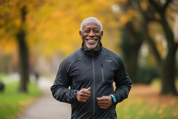 Friendly senior black man running in a park wearing sportswear and a smartwatch